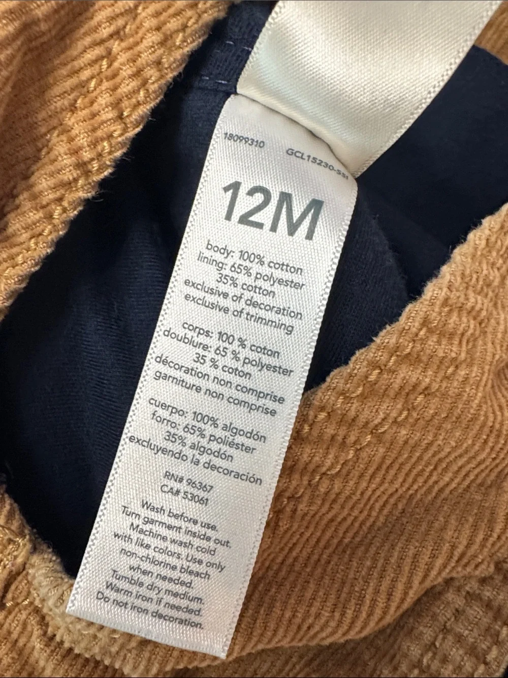 OshKosh B'gosh Tan Corduroy Fleece Lined Kids Overalls- size 12mo